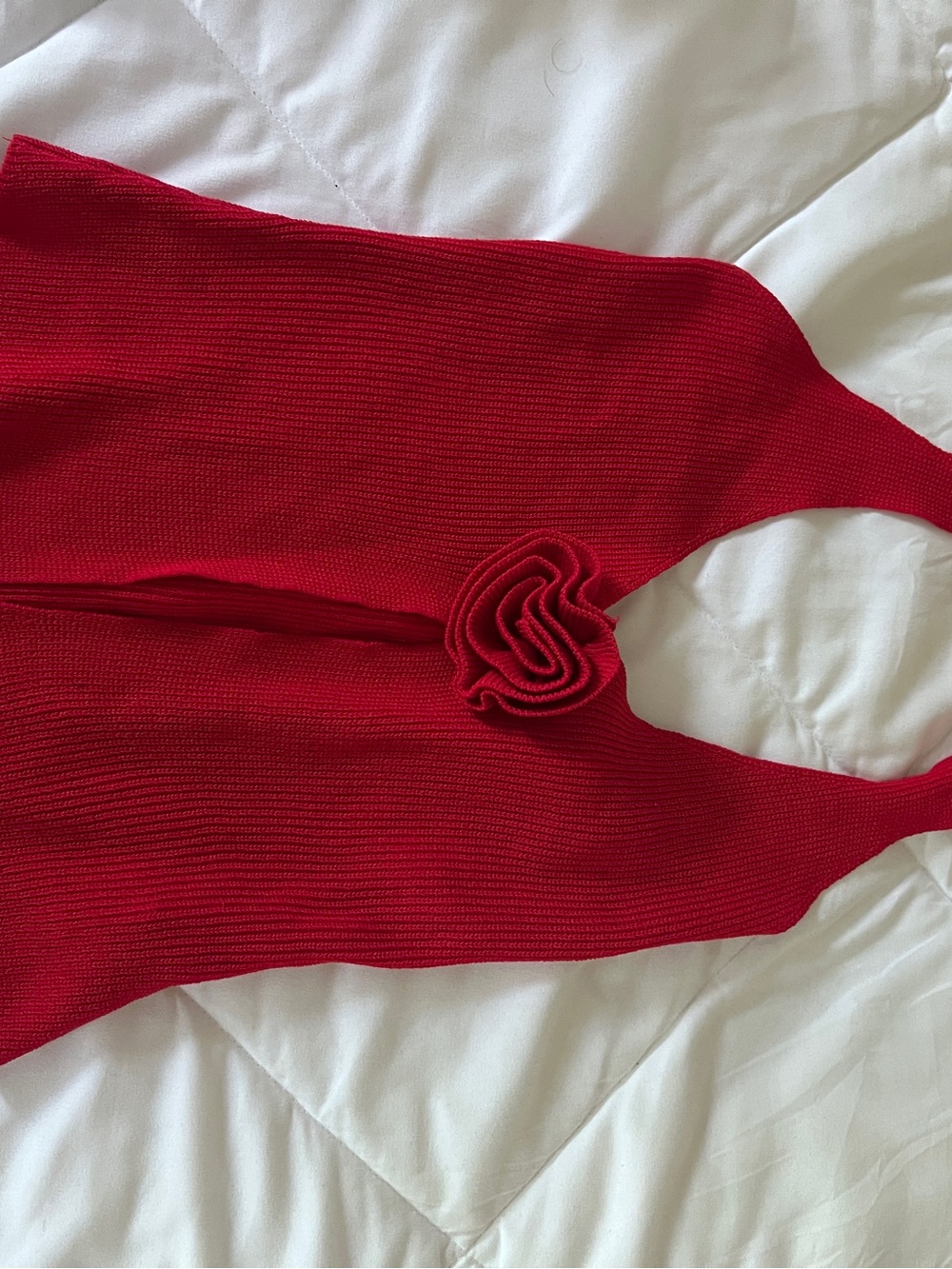 Red Knit Halter Top with Rosette Detail